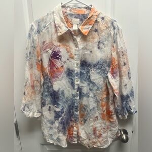 Chico's Artistic Button Down Shirt - Orange, Purple, Blue on White linen Sz 3 XL